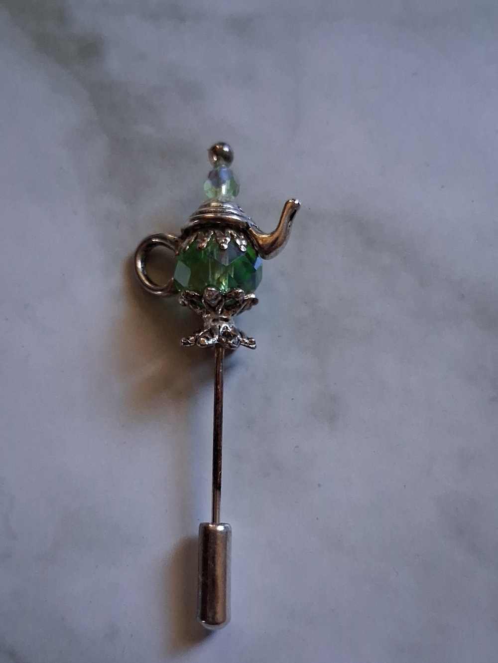 Silver Teapot Hat Pin with Green Crystal Accent